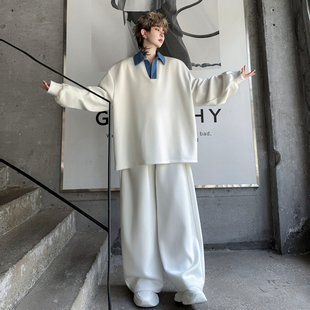 美式休闲设计感假两件拼接卫衣套装男慵懒风宽松运动阔腿长裤一套