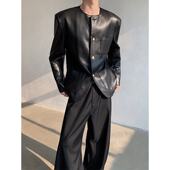 高级感cleanfit无领修身 西装 外套男春秋PU皮衣痞帅垫肩机车夹克潮