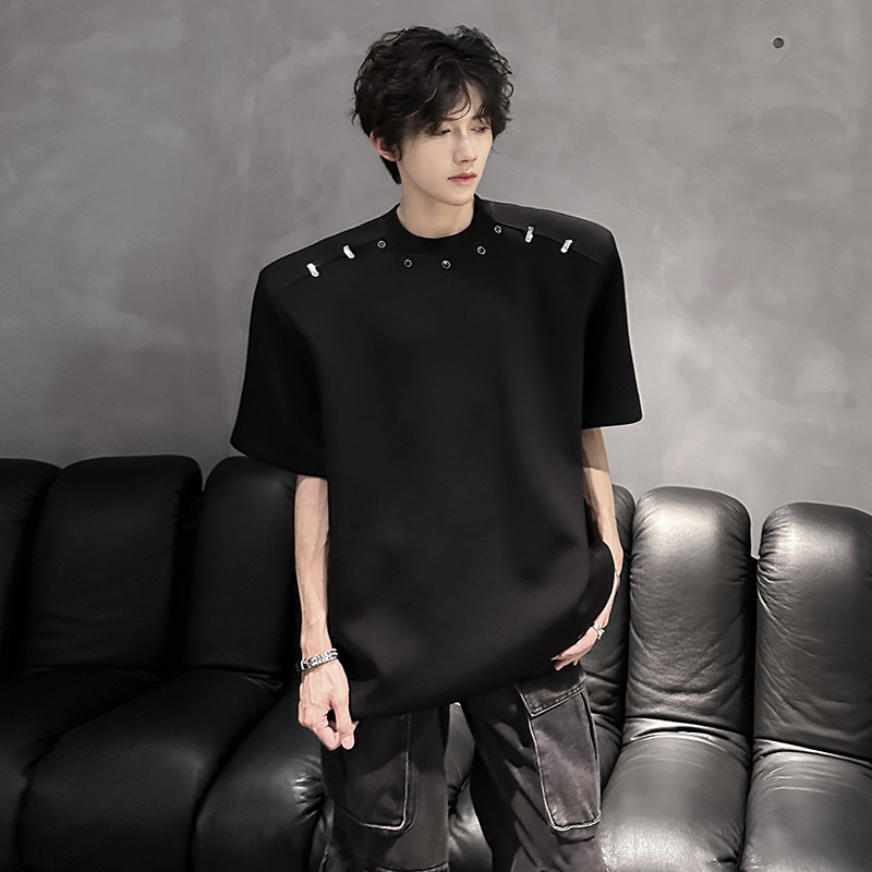 高级感痞帅垫肩短袖T恤男夏季小众金属装饰设计感320g重磅上衣t恤