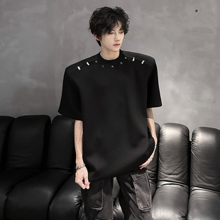 高级感痞帅垫肩短袖T恤男夏季小众金属装饰设计感320g重磅上衣t恤