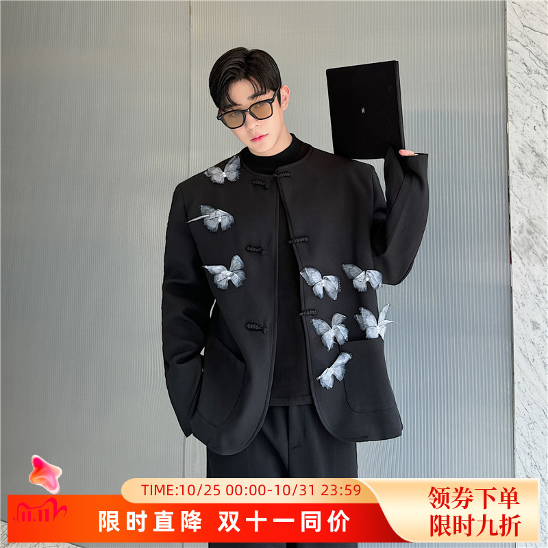 秋季新中式无领盘扣蝴蝶装饰设计感西装外套复古痞帅高级感西服潮