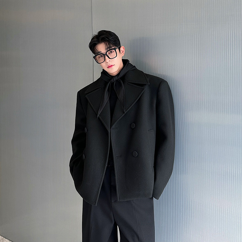 秋冬款黑色cleanfit重磅百搭短款双排包扣呢料大翻领呢子西装外套
