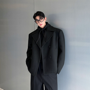 秋冬款黑色cleanfit重磅百搭短款双排包扣呢料大翻领呢子西装外套