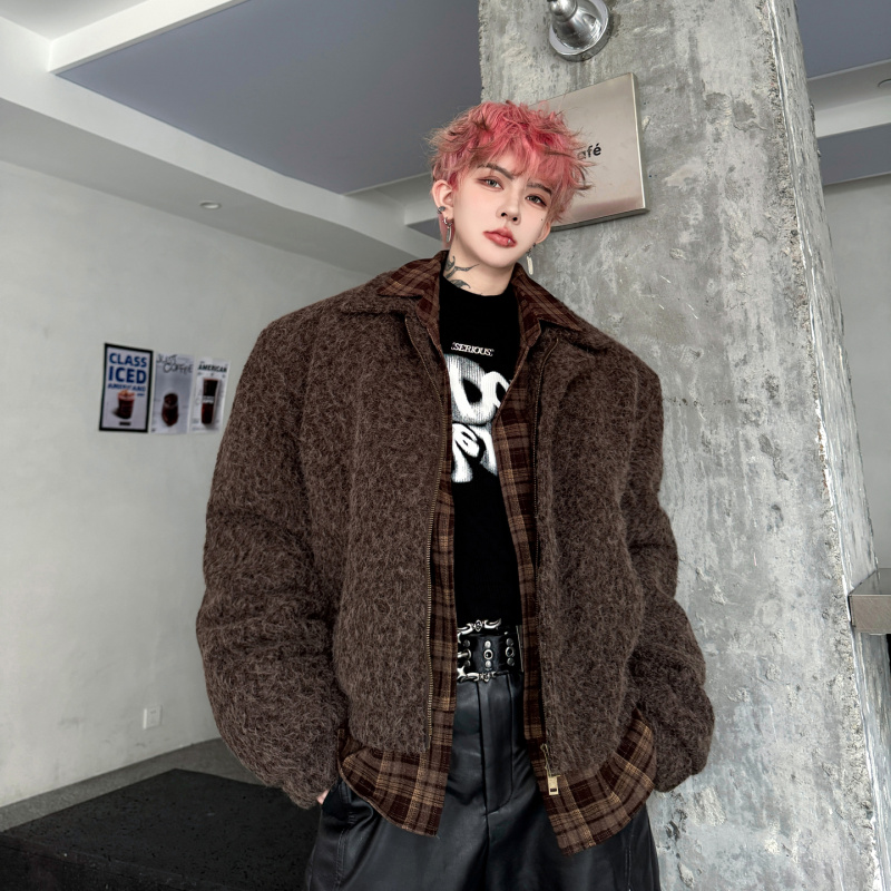 2025冬装复古老钱风格子拼接假两件宽松加厚棉衣外套男羊毛呢混纺