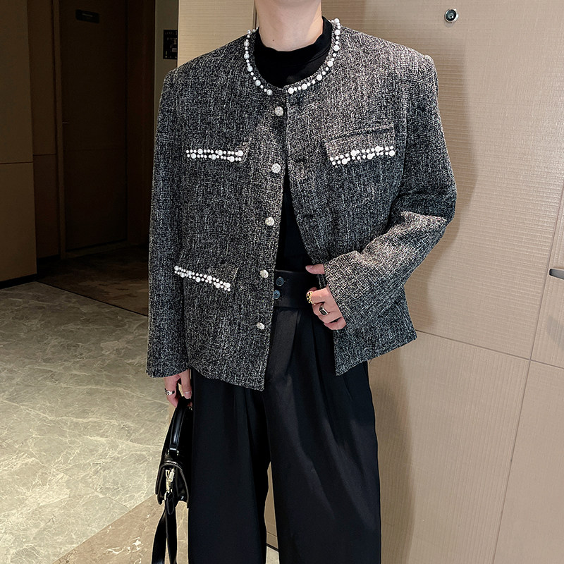 秋季复古无领垫肩小香风外套男轻奢珍珠装饰短款夹克高级感上衣潮