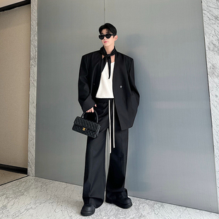 秋装小众禁欲系无领垫肩廓形oversize西装领巾套装男直筒西裤痞帅