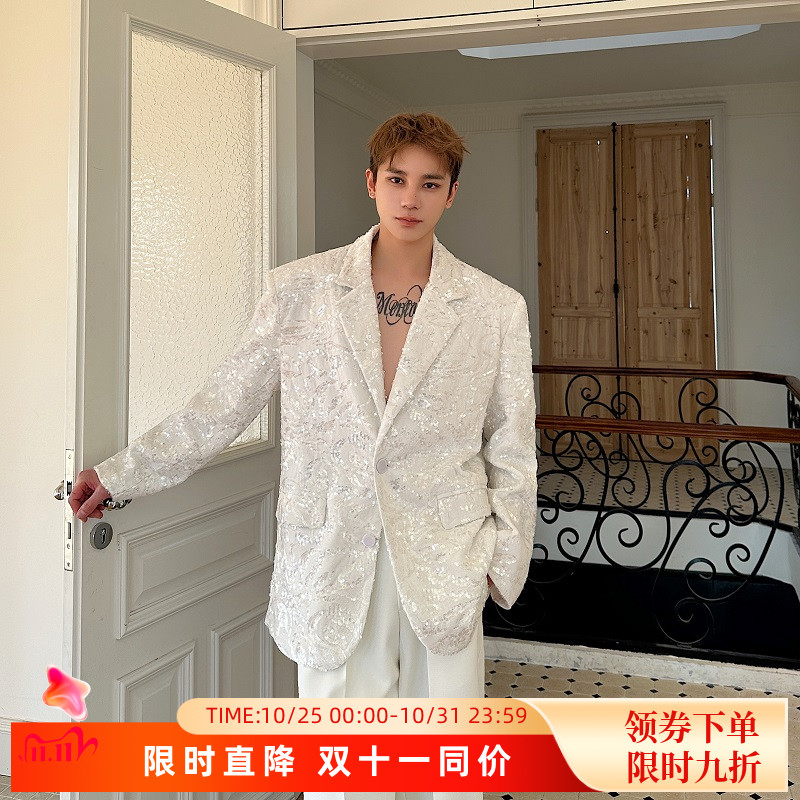 2025春季高级感时尚个性亮片丝绒西服外套痞帅宴会舞台演出西装潮