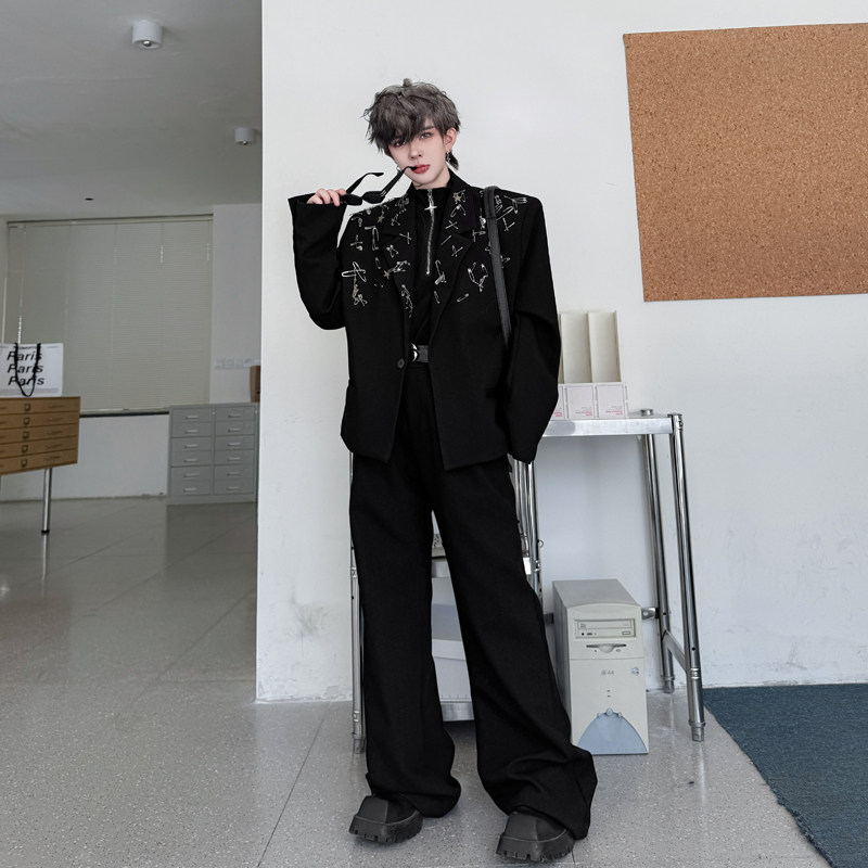 2025秋装小众个性金属别针装饰垫肩西装套装男高级感痞帅阔腿西裤