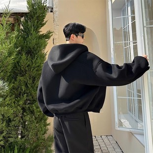 春秋美式重磅550g太空层挺廓连帽卫衣男短款韩版休闲开衫上衣外套