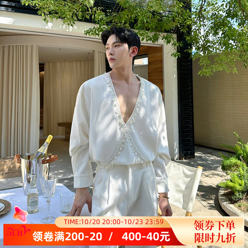 法式小众重工串珠装饰V领长袖衬衫男女气质设计感演出舞台装时尚