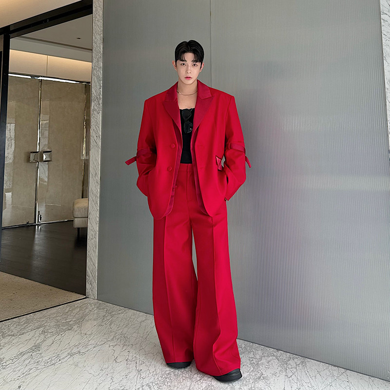 秋装小设计师款可拆卸领带袖袢西装套装男时尚复古阔腿西裤两件套