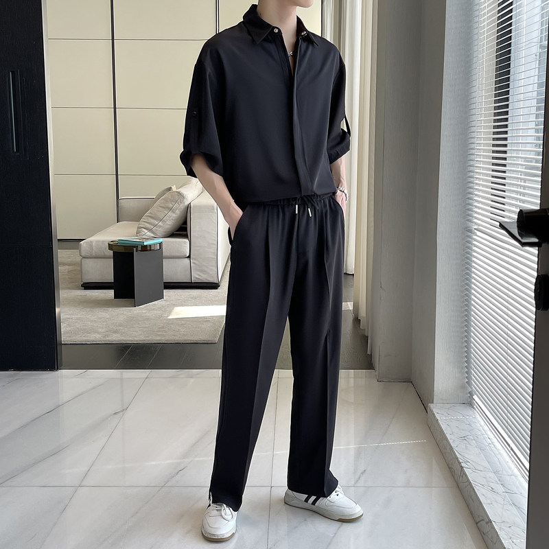 夏季ins高级感冰丝短袖衬衫男套装痞帅休闲一身搭配长裤两件套潮