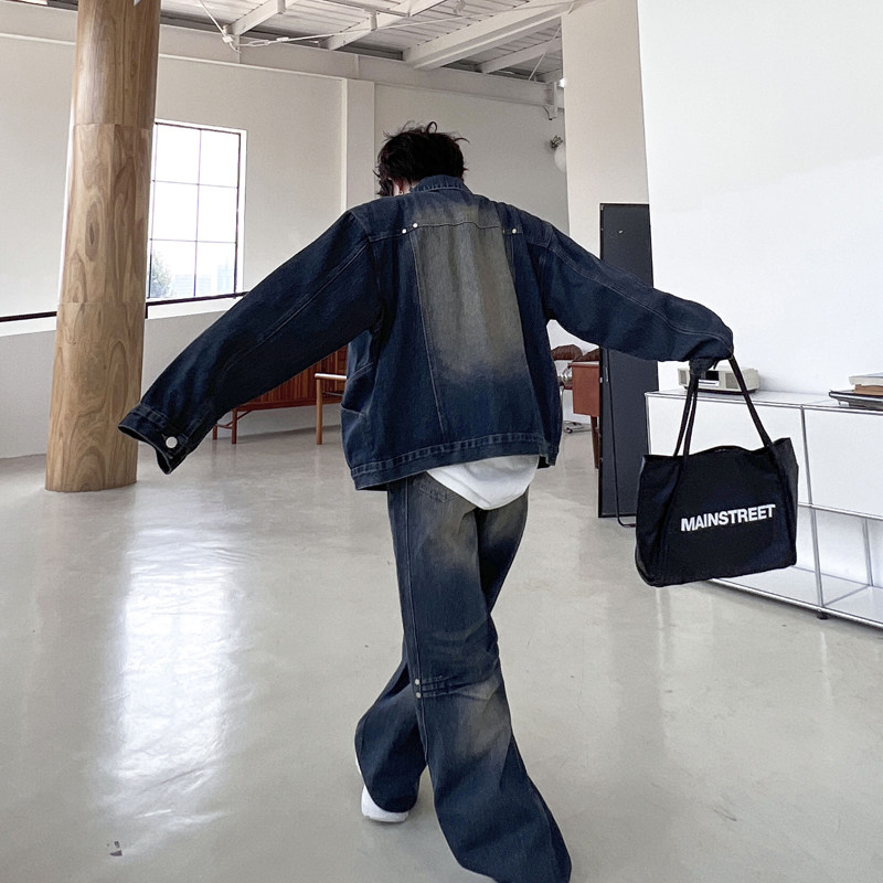 가을 씻어 복고풍 펜던트 장식 데님 재킷 남성 정장 느슨한 미국 잘 생긴 넓은 다리 바지 투피스 세트