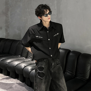 夏季高级感痞帅垫肩衬衣男短袖韩系穿搭男模上衣金属解构潮牌衬衫