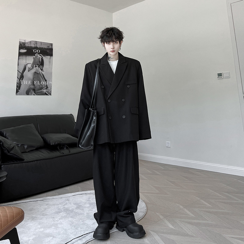 秋季ins小众设计感复古黑色双排扣垫肩西服套装男宽松阔腿西装裤