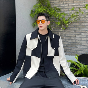 高级感轻奢拼色夹克男韩版宽松不对称撞色小众痞帅外套潮流发型师
