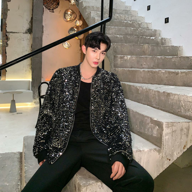 闪闪亮片立领外套男潮牌宽松夹克