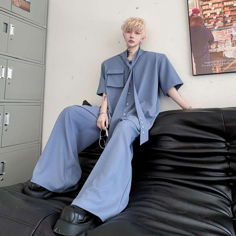 韩国chic立体口袋领带装饰短袖垫肩衬衫套装男垂感阔腿裤两件套潮