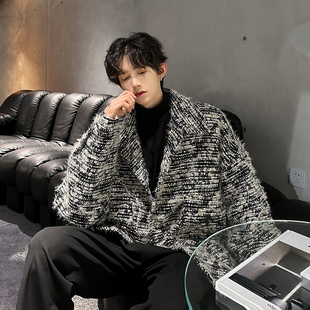 秋冬款小香风痞帅时尚毛呢夹克外套男轻奢加厚高级感毛边设计韩版