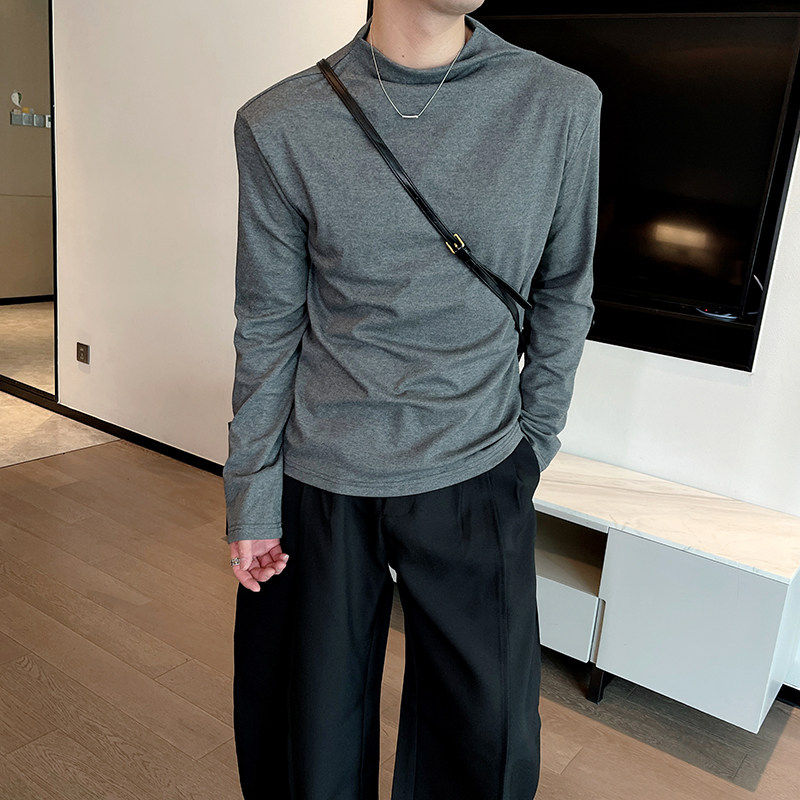 cleanfit灰色交叉领长袖t恤男秋季款复古正肩纯棉显瘦穿搭打底衫