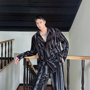 雅痞高级感长裤 秋季 立体光泽丝绒西装 男个性 潮 复古老钱风西服套装