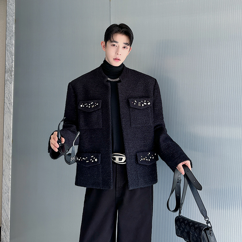 老钱潮牌高级小香风重工手工镶珠短款气质呢子夹克毛呢外套男痞帅