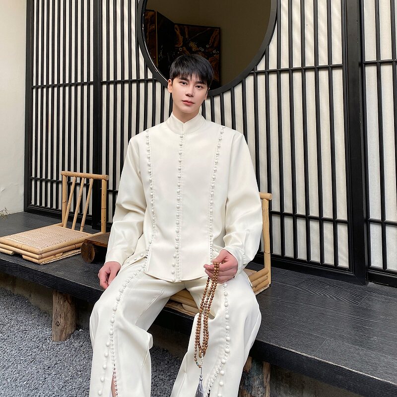 春季新中式工艺包扣设计立领衬衣套装男女国风禅意阔腿长裤两件套