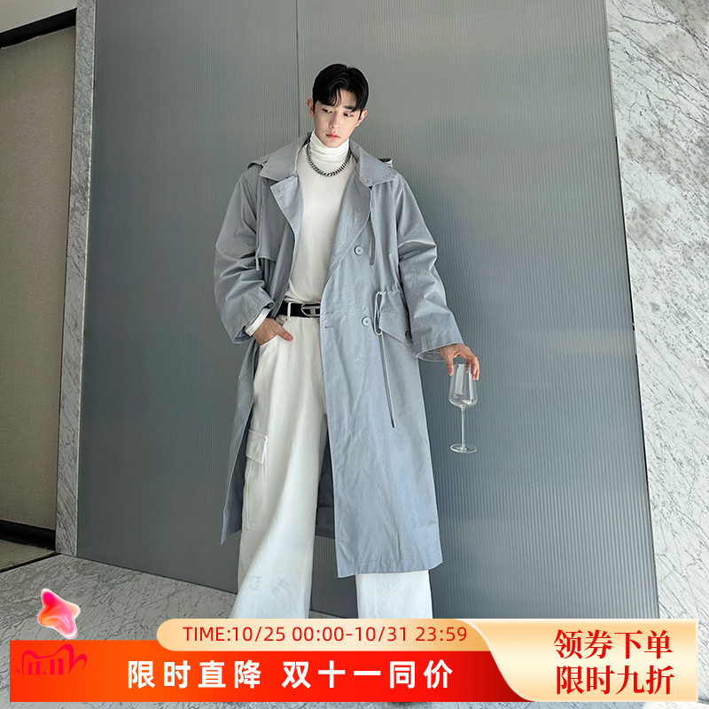 2025秋冬韩版老钱风休闲双排扣廓形抽绳收腰可拆卸帽子风衣男外套