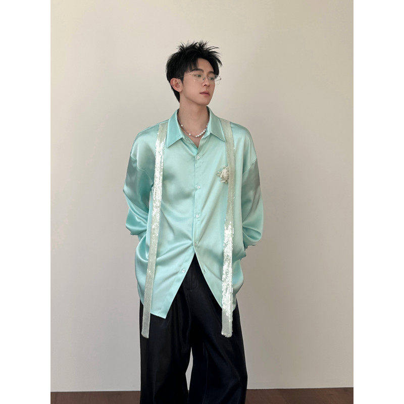 2026春夏男士醋酸丝滑玫瑰花朵亮片礼服衬衫时尚设计感演出舞台装