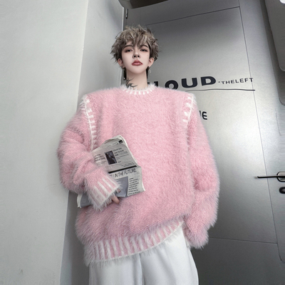 2025冬装时尚粉色水貂绒针织衫男女宽松软糯慵懒风韩版海马毛衣服
