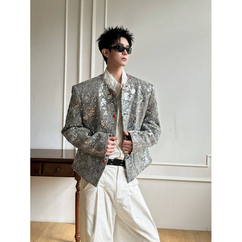 春夏ifashion亮片红宝石纽扣重工刺绣小香风垫肩夹克外套短款西服