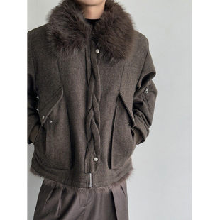 秋冬绞花毛领千鸟格毛呢大衣加厚夹克外套男老钱风贵气复古座山雕