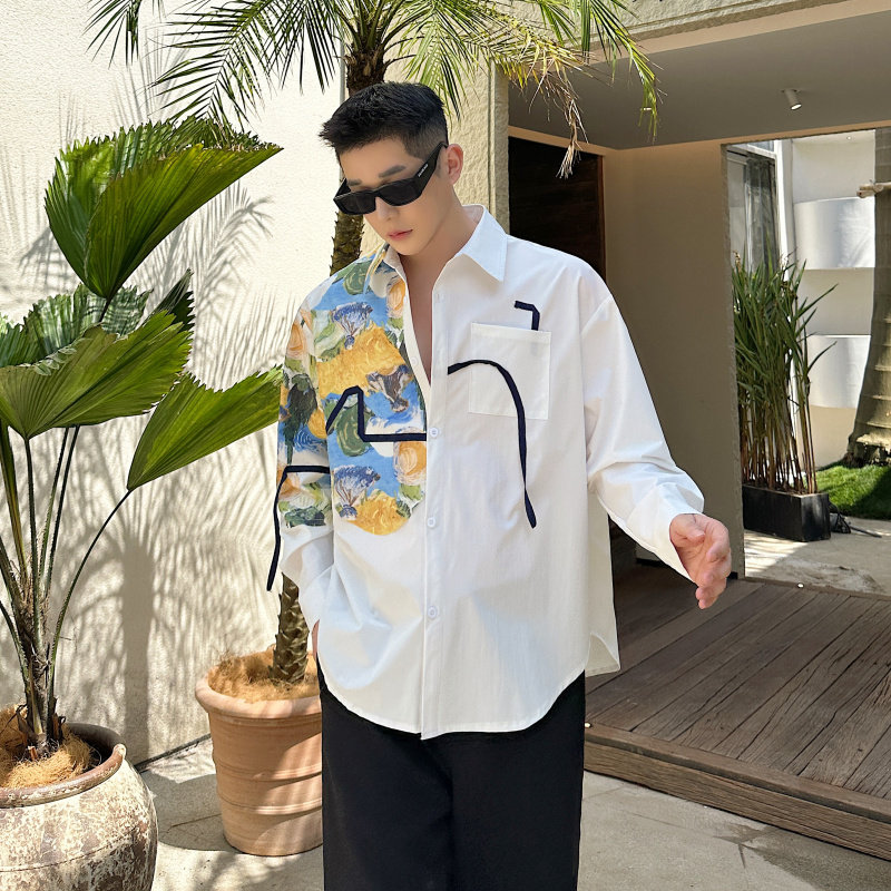 春夏小众韩版油画白衬衫男网红设计感气质cleanfit休闲痞帅衬衣潮