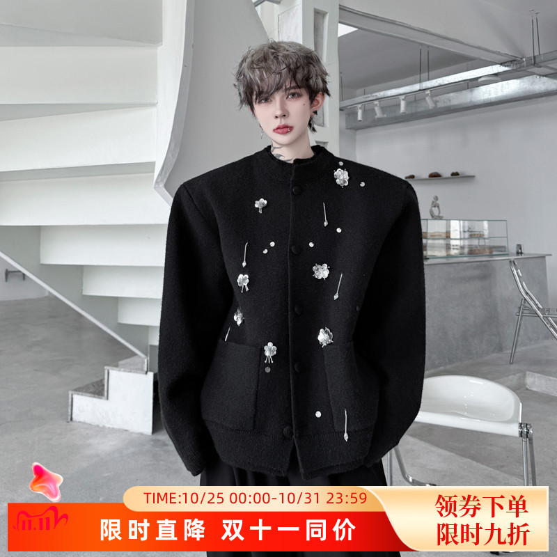 秋冬款高级感设计师钉珠缝花小众针织开衫外套男痞帅穿搭毛衣韩版