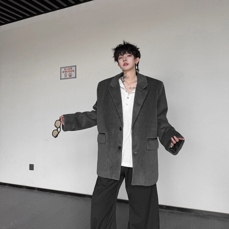 秋冬款老钱风贵气毛呢西装外套男高级质感加厚宽松重磅复古西服潮