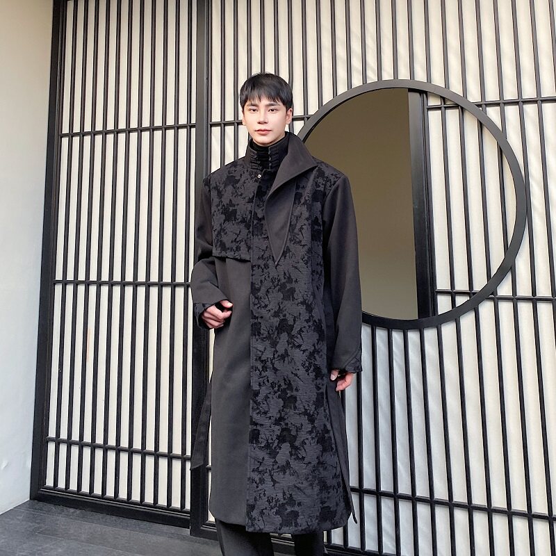 겨울 복고풍 자카드 접합 디스크 버클 스탠드 칼라 모직 코트 남성 벨트 디자인 긴 선 윈드 브레이커 재킷