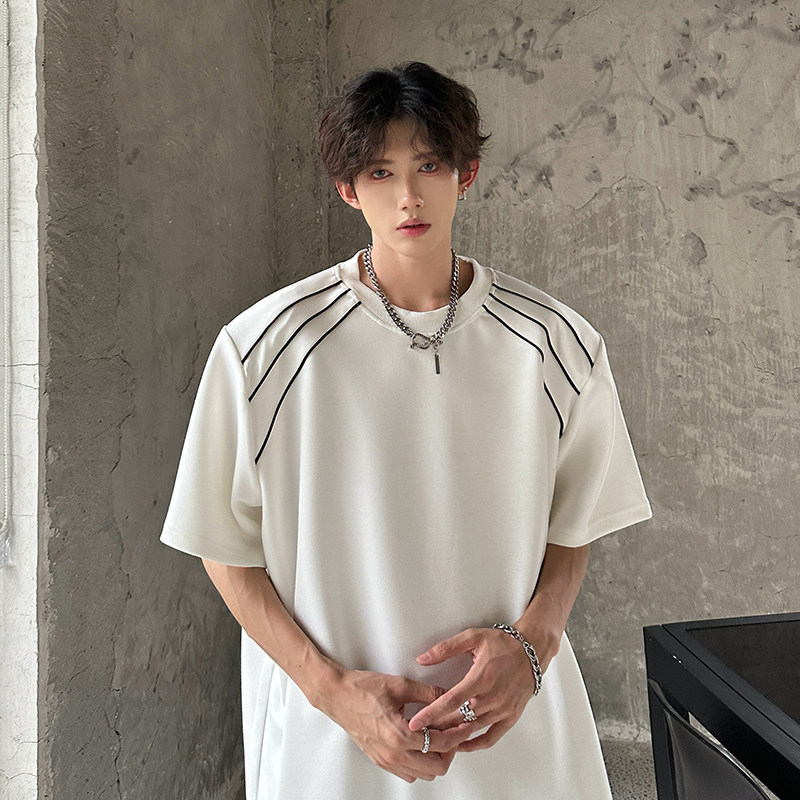 夏季300g重磅上衣潮牌休闲宽松t恤男短袖线条拼接设计感垫肩半袖