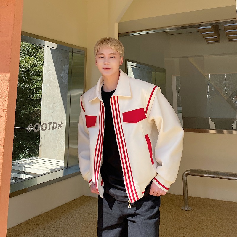 春装高级感撞色条纹拉链开衫夹克男休闲棒球服外套小众廓肩设计感