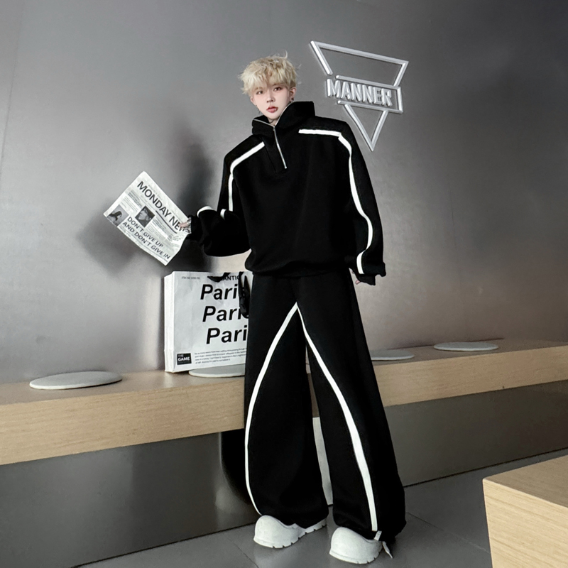 秋季美式高街撞色半拉链连帽卫衣套装男痞帅运动休闲弯刀阔腿长裤