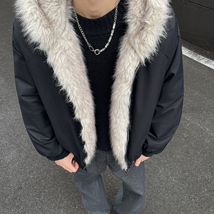 冬装高级感加绒连帽保暖棉服外套男美式加厚毛毛皮草座山雕棉衣潮