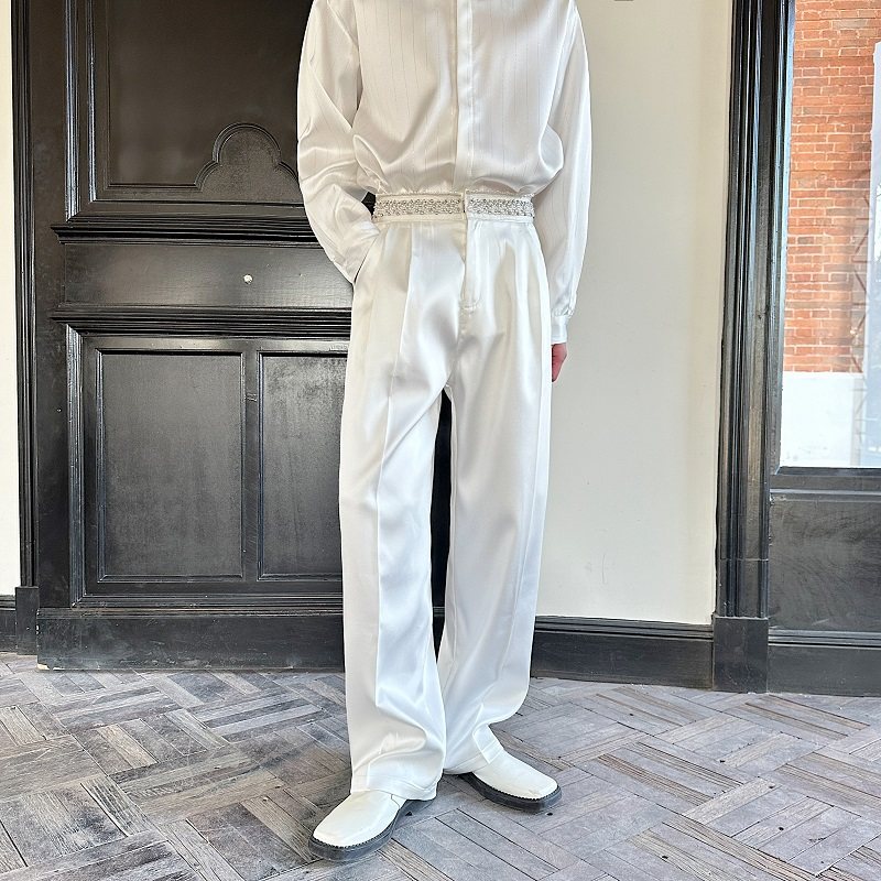 春季珍珠镶钻腰头设计缎面直筒长裤男丝滑坠垂感休闲阔腿西裤时尚
