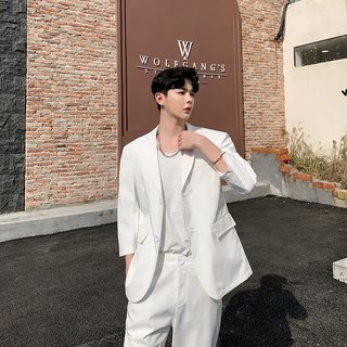 韩国ulzzang男士帅气白色西装上衣薄七分袖外套韩版chic潮小西服