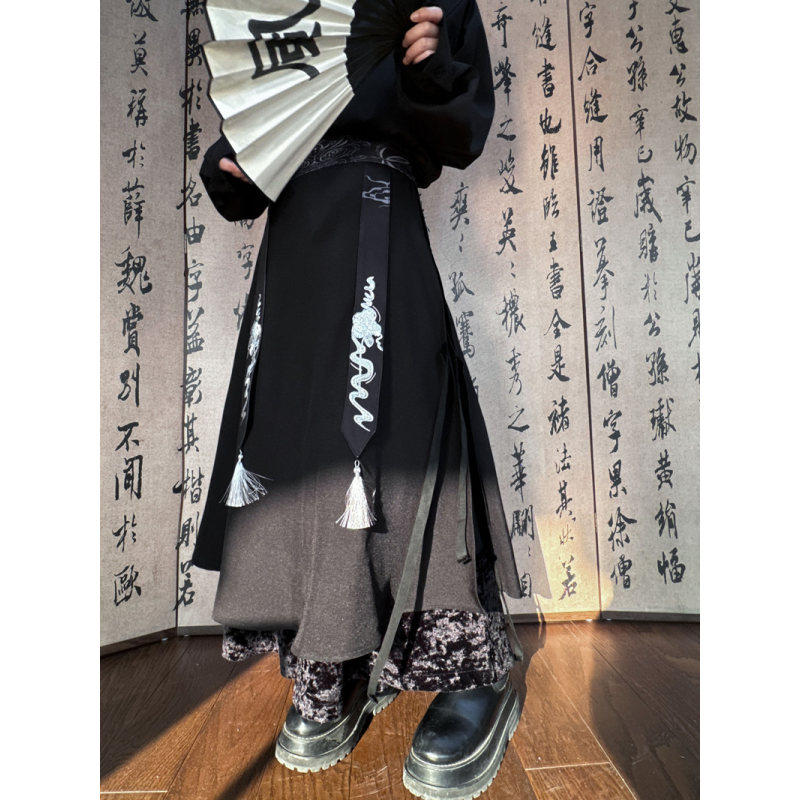 新中式中国风复古刺绣拼接阔腿裤宽松汉服九分裤设计感发型师裤子