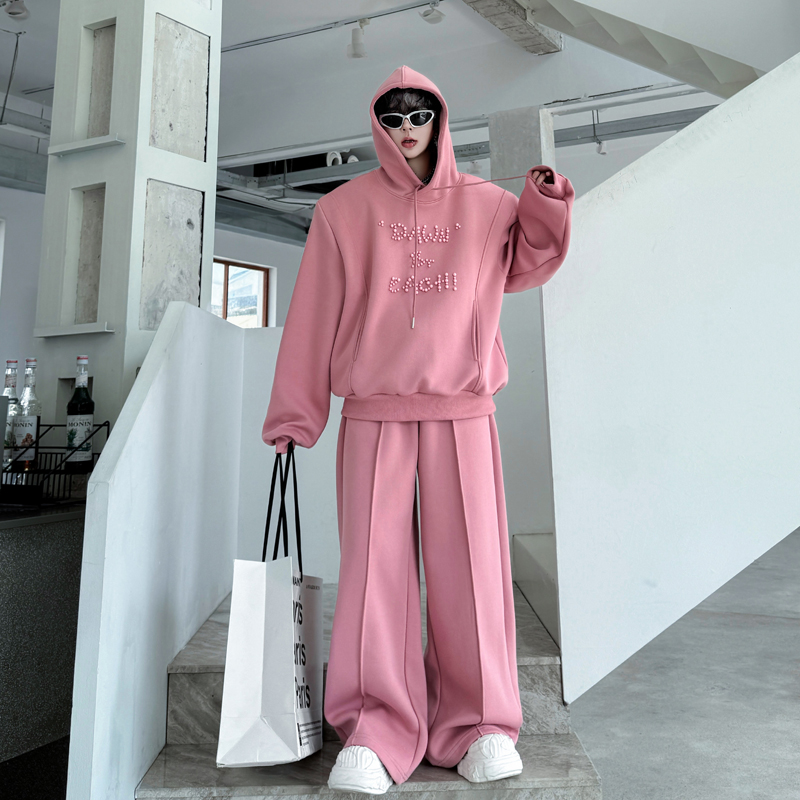 秋装韩国字母珍珠钉珠时尚连帽卫衣男设计感阔腿卫裤慵懒网红套装