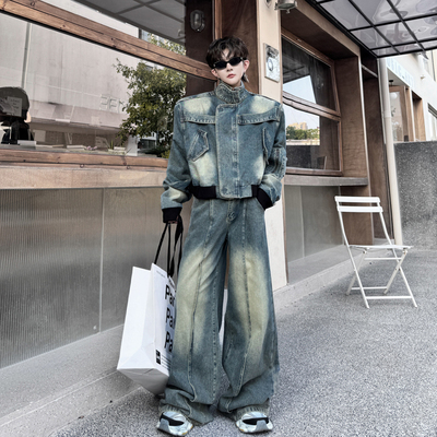 秋装美式高街立领罗纹下摆撞色牛仔短款夹克男高级感拖地长裤套装