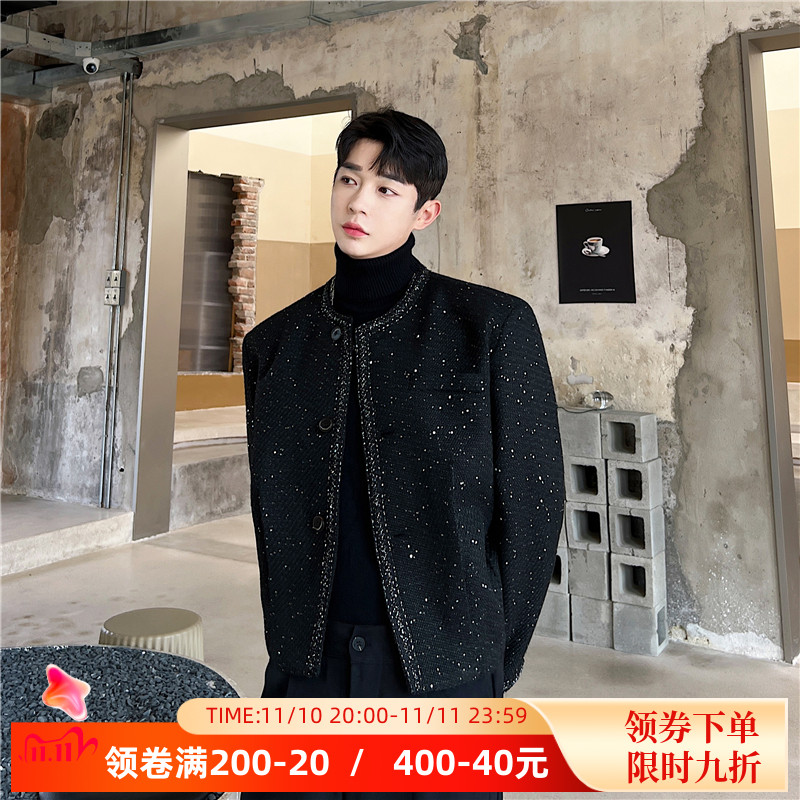 高级感外套男亮丝呢子西服痞帅