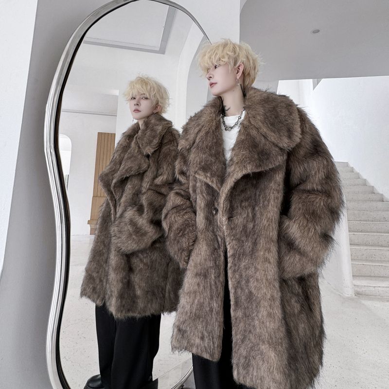 冬装高级感重磅翻领抗冻保暖仿皮草大衣外套男廓形财阀仿貂毛加棉