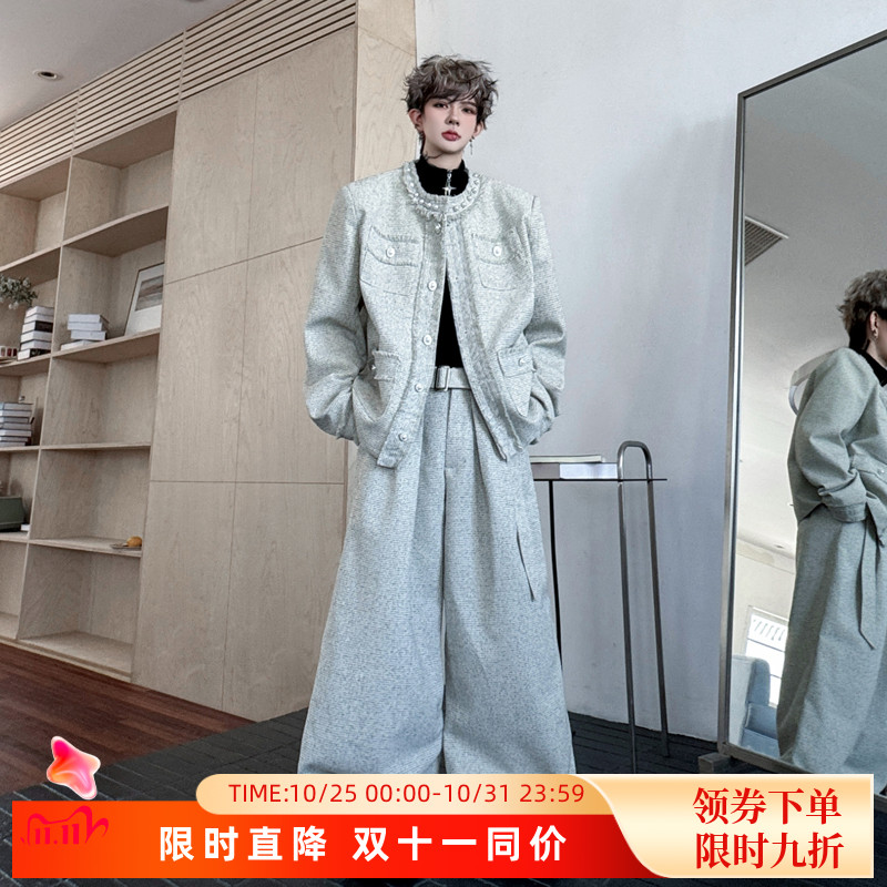 秋季韩国钉珠小香风西服外套男套装穿搭高级感阔腿长裤轻奢两件套