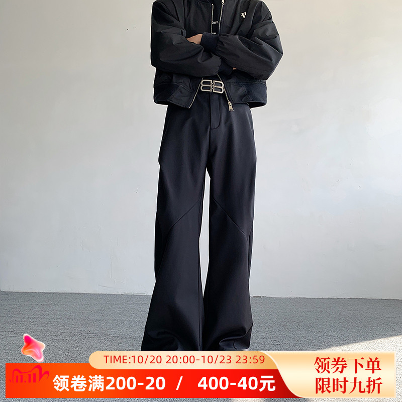春秋款小众压褶菱形裤宽松休闲西装裤男暗黑直筒阔腿裤显瘦拖地裤