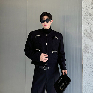 秋冬款设计师金属扣装饰小香风夹克外男韩版短款高级感网红上衣潮